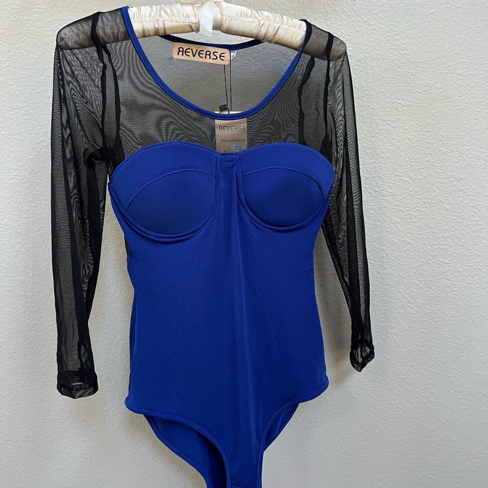 Reverase Blue and Black Mesh Bodysuit